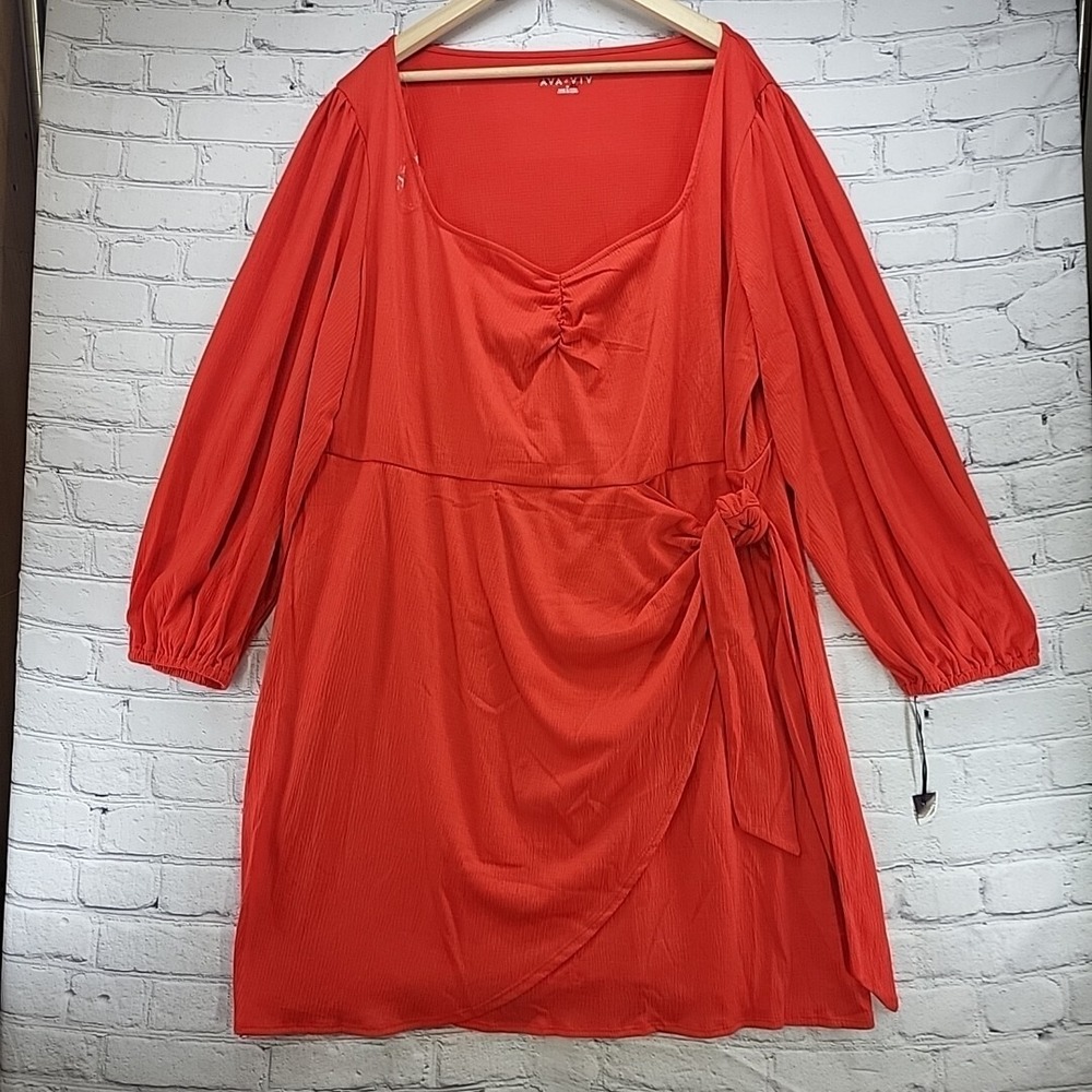 Ava Viv Dress Plus Sz 3X Orange Long Sleeve Side Tie Knee Length